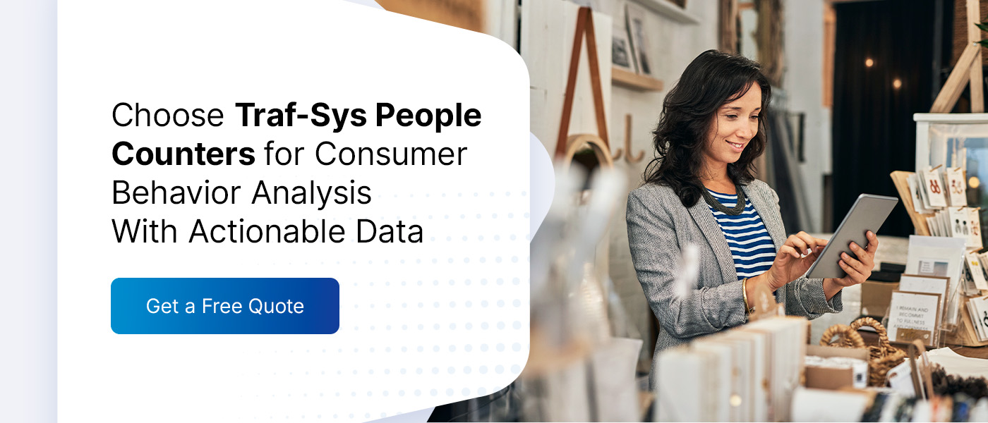 woman using tablet to analyze consumer behavior data collected from people counters 